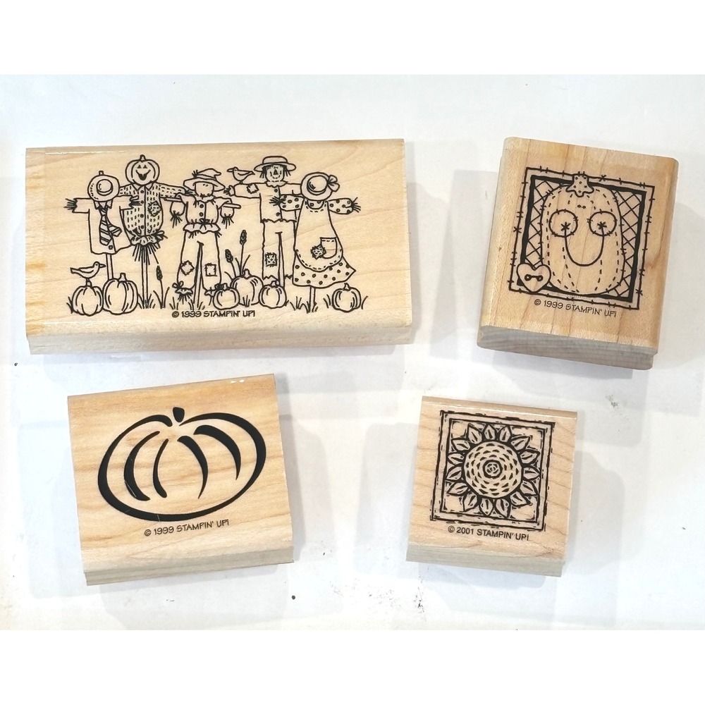 Stampin Up Fall Harvest Rubber Stamp Set Scarecrow Pumpkin Sunflower Wood Mount
